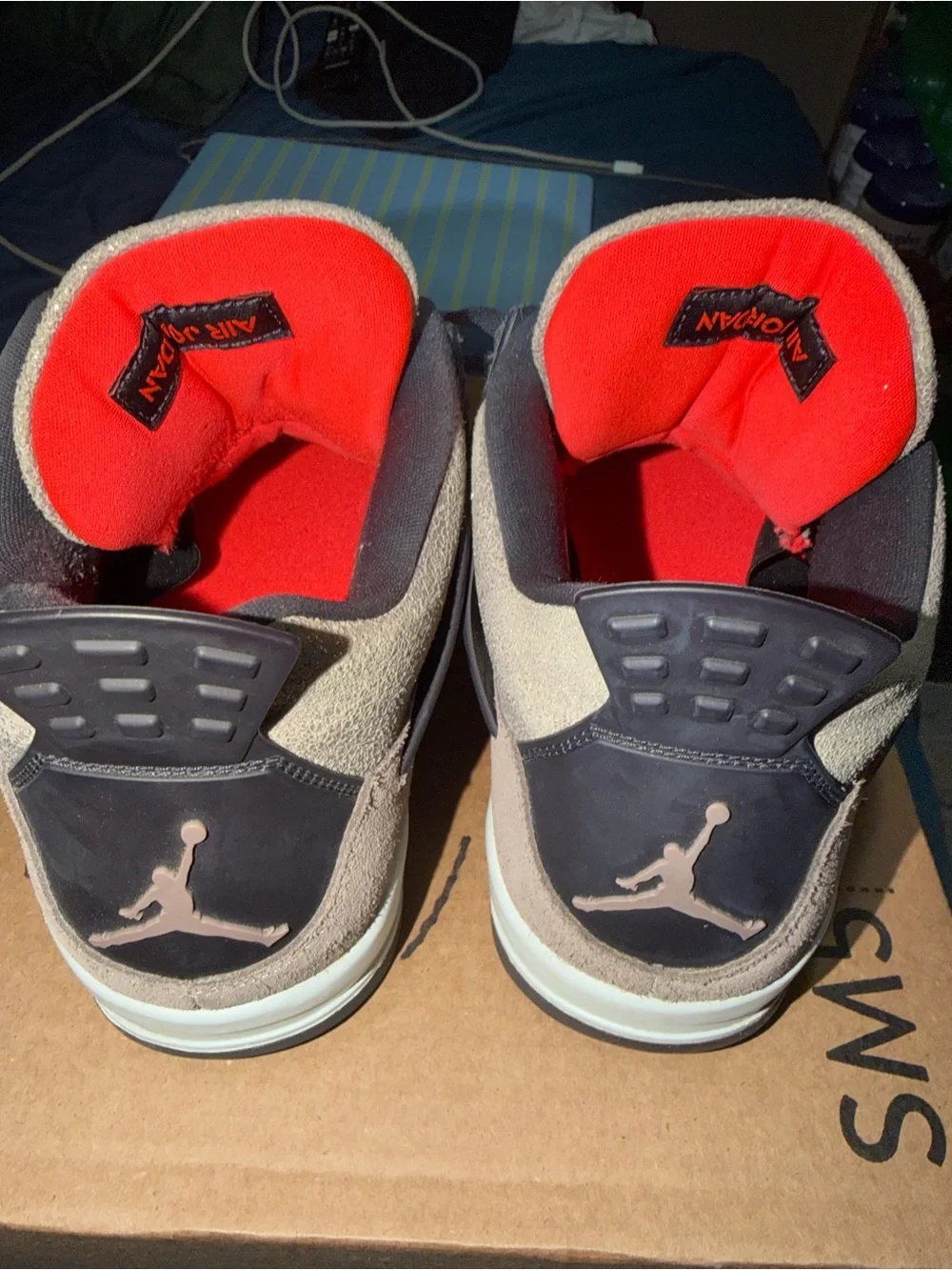 Jordan Retro 4 Suede Taupe and Black Sneakers with Red Jumpman Size 12